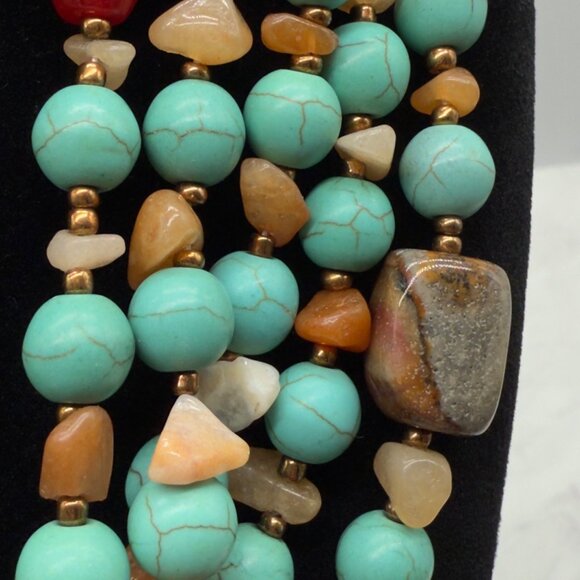 Vtg Multi Strand Beaded Turquoise Red Stone Choker Necklace Sterling Clasp - Picture 5 of 9